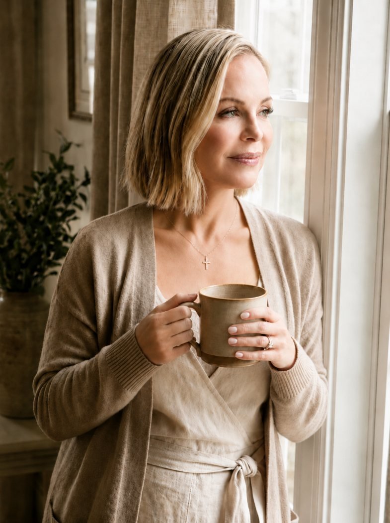 Tonya at a sunlit window at home, holding a warm ceramic mug