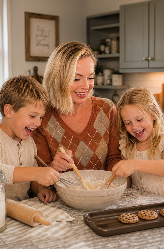 Tonya baking in the kitchen with two laughing children