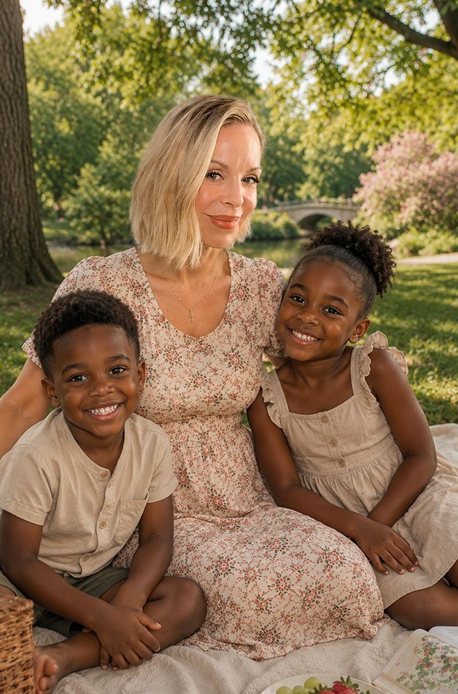 Tonya with two children at a sunlit park picnic